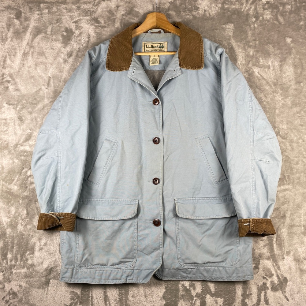 L.L. Bean Barn Coat Chore Jacket Women L Baby Blue Corduroy Trim Canvas Lined